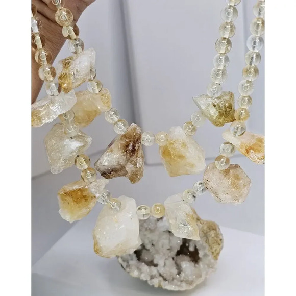 925 Sterling Silver & Rough Citrine/Quartz Double Strand Necklace - Heavy - Picture 1 of 7